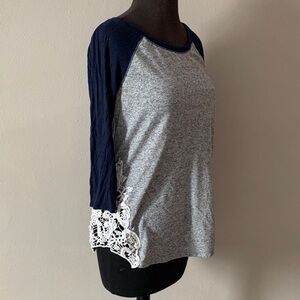Moa Moa Gray and Navy Long Sleeve Top with Lace Detail - Size L